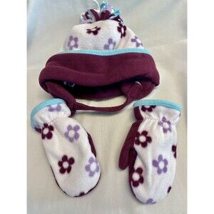 Pre owned Toddler Winter Sno Hat and Glove Set Tassel Ear Covers Flower Pattern